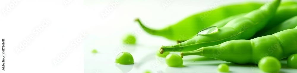 Close-up of fresh green peas with water droplets on white background, vegetable, organic, nutrition Close-up of fresh green peas with water droplets on white background, vegetable, organic, nutrition