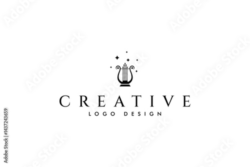 Harp traditional musical instrument logo decorated with stars in white background vector design