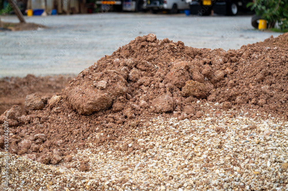 Excavation site action soil pile in construction zone outdoor close-up natural terrain