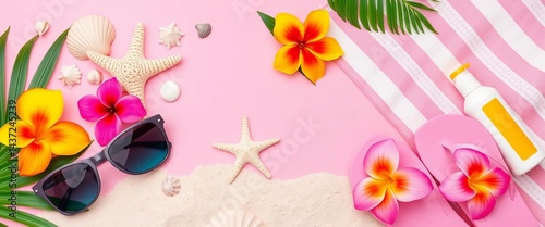 Pink background, seashells, starfish, sunglasses, beach towel, sand, flip-flops, tropical flowers, bottle of sunscreen, relaxation, sunglasses