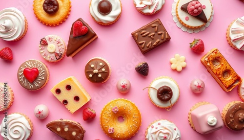 Pink background showcasing a delightful pattern of sweet pastries and desserts; ample empty space, delicious, sweet treat