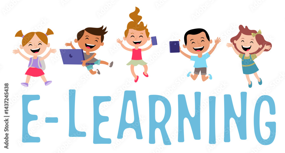 Fototapeta premium kids learning illustration stickman stick fun laptop clipart children technology device cyberspace