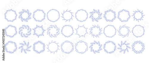 Mediterranean blue branches circle frame big set. Hand drawn round line border, leaves and flowers, wedding invitation and cards, logo design and posters template. Elegant minimal style floral set