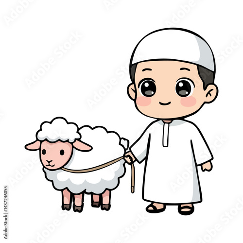 Cartoon Muslim boy holding a sheep rope celebrating Eid al Adha