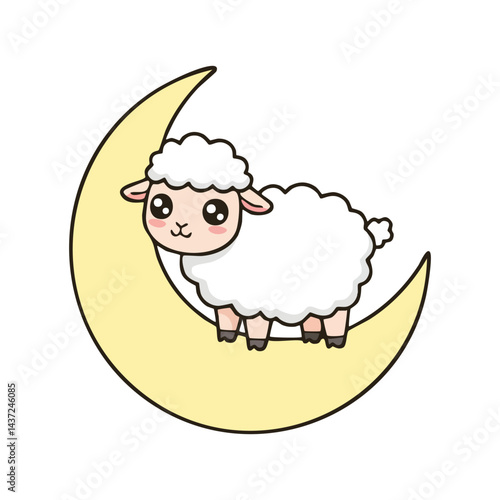 Cartoon sheep sitting on the crescent moon celebrating Eid al Adha