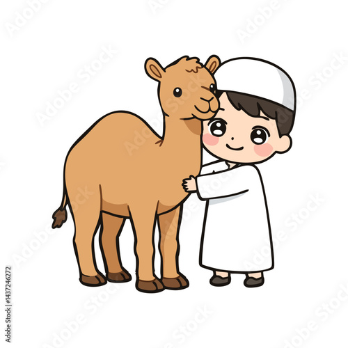 Cartoon muslim boy hugging camel celebrating Eid al Adha