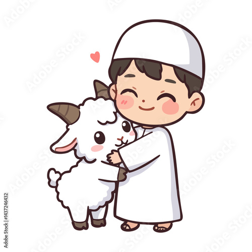 Cartoon Muslim boy hugging goat celebrating Eid al Adha