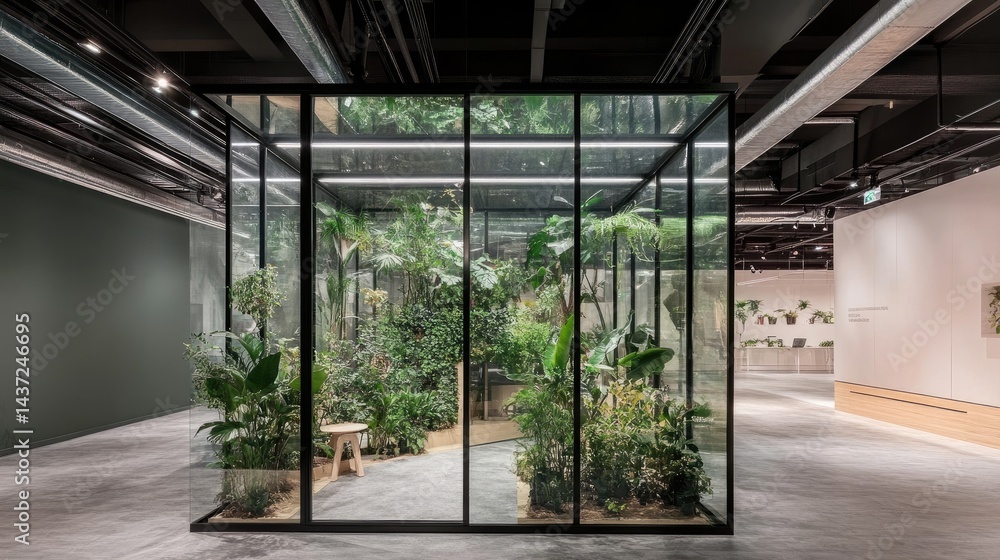 Small indoor garden corner visible through glass partition wall Small indoor garden corner visible through glass partition wall