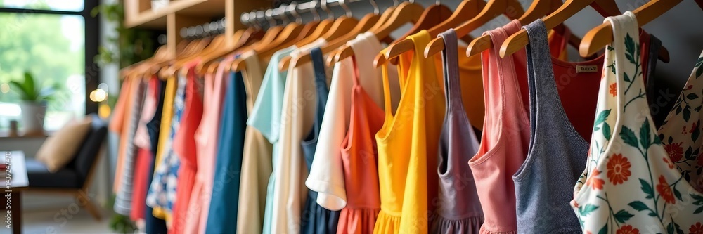 Obraz premium Rows of colorful summer dresses and casual wear on display in a chic boutique, style, shop, dresses