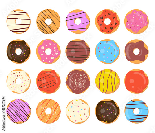 Donuts Big Vector Collection. Top View Isolated Pastry Set. Doughnuts with Color Sugar Glaze and Sprinkles Bundle.