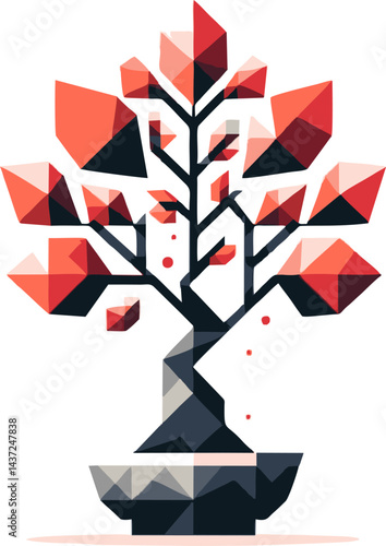 Geometric Bonsai Tree: Low Poly Red and Gray Illustration