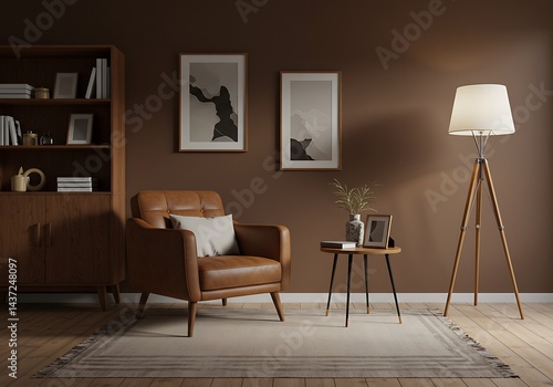 Intérieur élégant d'un salon avec fauteuil design marron, bibliothèque en bois, suspension, tapis décoratif, cadres photo et accessoires personnels élégants dans un décor rétro moderne. Modèle.
