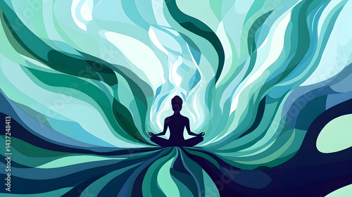 Meditative figure amid swirling turquoise hues creates peaceful abstraction