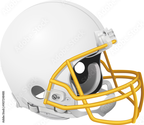 White American football helmet with a yellow mask and chin strap