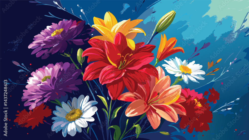 Dark Vibrant Flowers on Blue Background Vector Illustration Dark Vibrant Flowers on Blue Background Vector Illustration