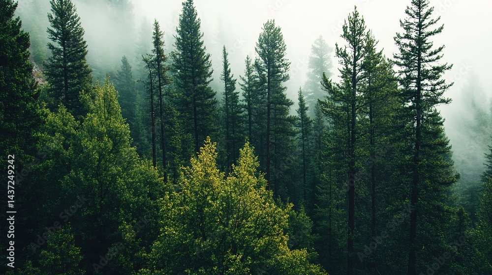 Fototapeta premium Towering Evergreens and the Scent of Pine Needles in a Serene Backdrop. Majestic Forest Scene with Rich Green Foliage and Calm Atmosphere.