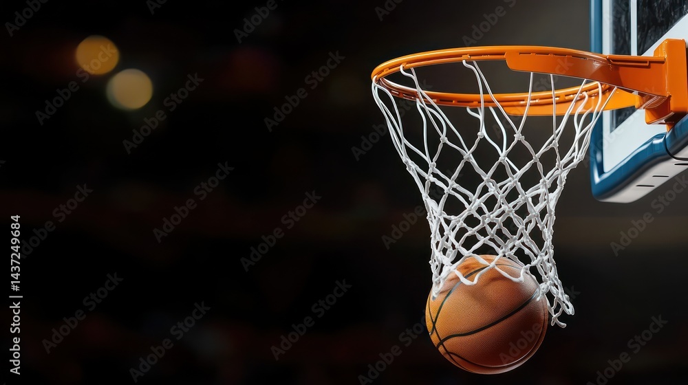 A dynamic mid-air freeze frame of a basketball swishing through a net perfect clarity on ball texture and hoop details cinematic focus A dynamic mid-air freeze frame of a basketball swishing through a net perfect clarity on ball texture and hoop details cinematic focus