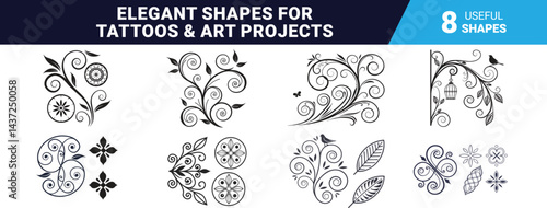 A set of decorative swirl and spiral vector silhouettes. Featuring elegant shapes that add a stylish and sophisticated touch to invitations, logos, tattoos, and various art projects.