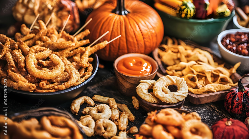 Abundant display featuring an array of festive savory snacks and autumn harvest produce Abundant display featuring an array of festive savory snacks and autumn harvest produce