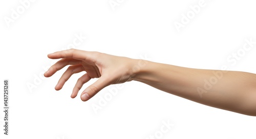 A caucasian arm and hand reaching out with fingers extended on a plain white background studio shot