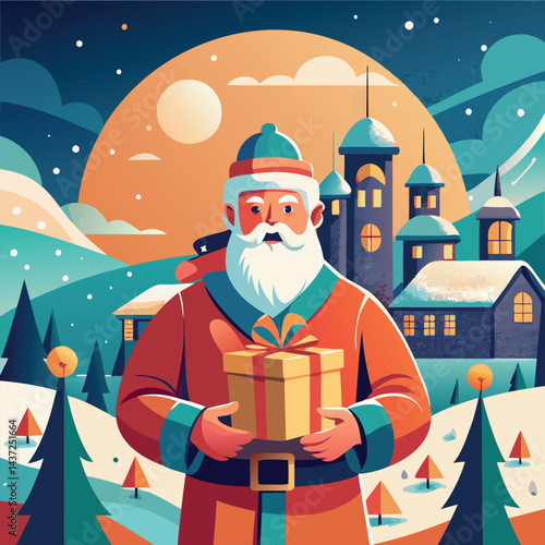 Santa Claus hurries to congratulate with gifts on the background of the city, vector illustration