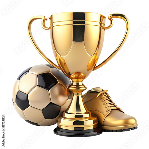 Golden Trophy Soccer Ball  Cleats Winning Sports Image isolated on transparent background