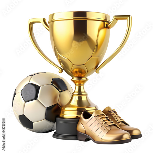 Gold Trophy Soccer Ball and Cleats Winning Combination isolated on transparent background