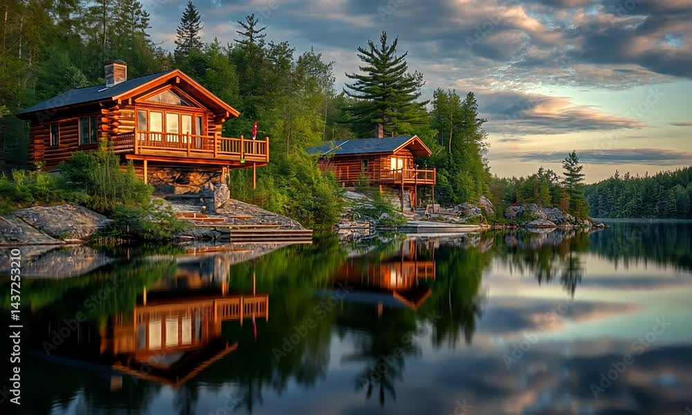 Serene lakeside cabins reflecting in calm waters during a vibrant sunset surrounded by trees Serene lakeside cabins reflecting in calm waters during a vibrant sunset surrounded by trees
