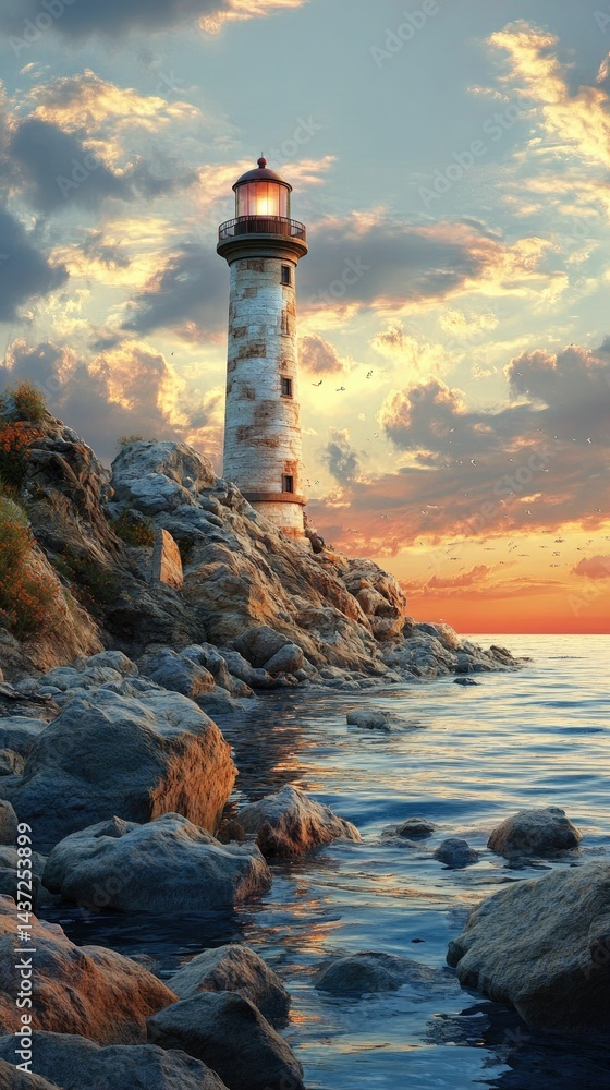 Fototapeta premium Lighthouse on rocky coast, sunset sky, calm water.