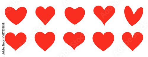 Collection of heart icons in red colors. Set of heart icons red love symbols for valentine's day, weddings, romantic, greeting cards, logos and decorations. Vector illustration.