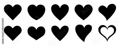Set of hearts in black color, heart icons set vector, set of hearts different shapes for design. Heart collection. Vector art. Heart, love, romance hearts. Heart vector icons. Heart love symbol black.