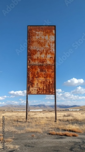 Rusty metal sign, barren landscape, blue sky.