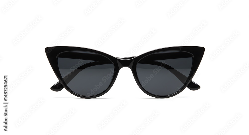 Close up of black cat eye sunglasses with dark lenses isolated on a white studio background view Close up of black cat eye sunglasses with dark lenses isolated on a white studio background view