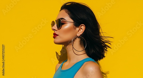 Wallpaper Mural Profile shot of a woman with sunglasses and hoop earrings against a yellow background studio shot Torontodigital.ca
