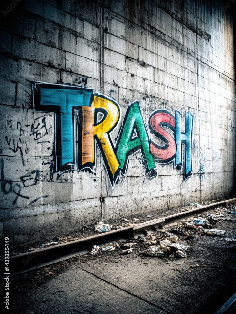 Naklejka premium Colorful Graffiti Message Against Littering on an Urban Wall With Trash Accumulation Nearby