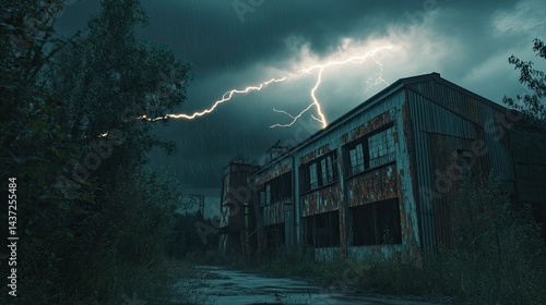 Lightning strikes derelict building, rain falls.