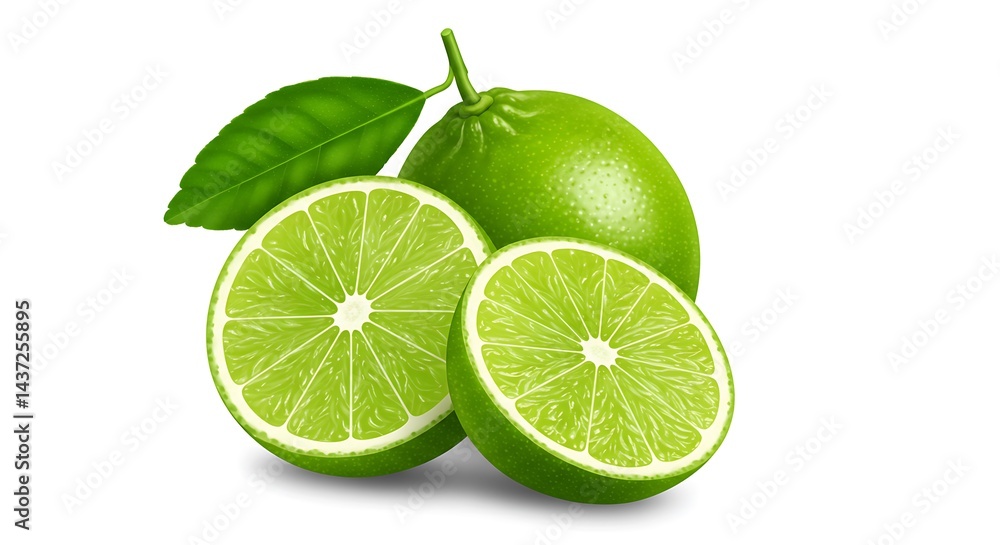 A close up view of whole and halved limes with a leaf on a white background in a studio shot A close up view of whole and halved limes with a leaf on a white background in a studio shot
