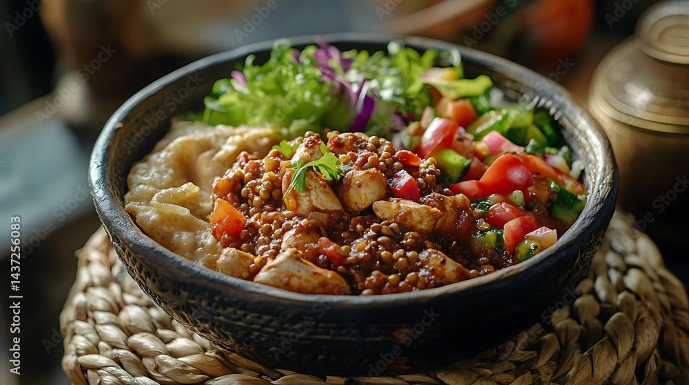 **Traditional Ethiopian Injera With Doro Wat (Chicken Stew), Spicy Lentils, And Salad, Served On Woven Basket For African Cuisine Promotion --Ar 16:9 --S 270** - @Darya (Relaxed) **Traditional Ethiopian Injera With Doro Wat (Chicken Stew), Spicy Lentils, And Salad, Served On Woven Basket For African Cuisine Promotion --Ar 16:9 --S 270** - @Darya (Relaxed)