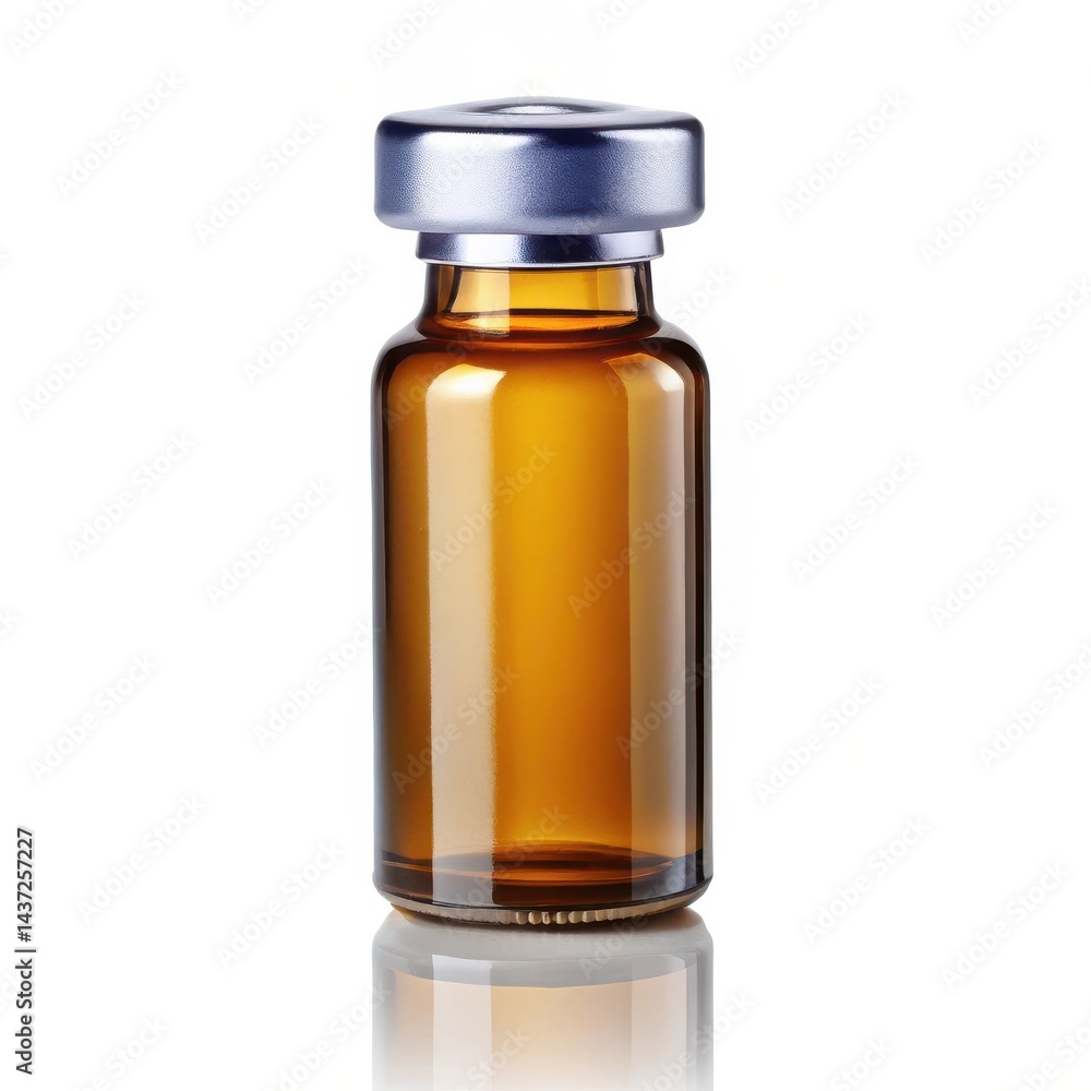 Amber Glass Medical Vial With Silver Cap Isolated On White Background Amber Glass Medical Vial With Silver Cap Isolated On White Background