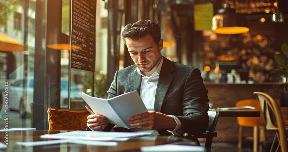 Businessman reviewing documents in a cozy café setting (1) Businessman reviewing documents in a cozy café setting (1)