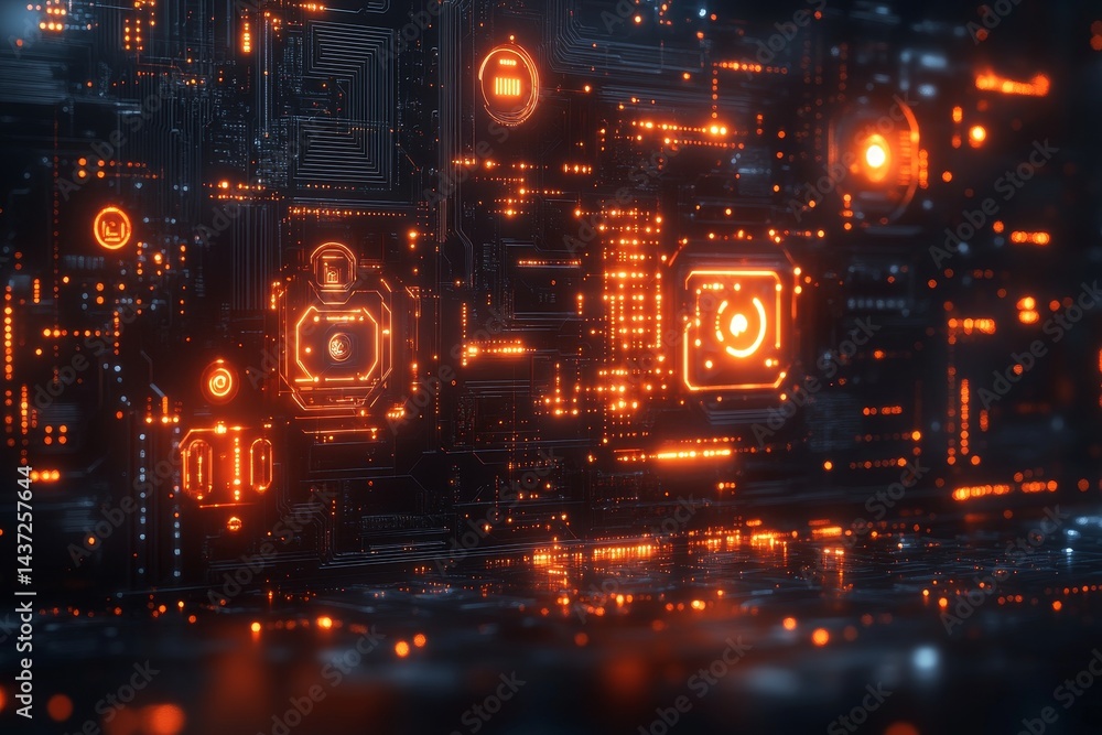 Obraz premium Futuristic Circuit Board Glowing, Data Processing