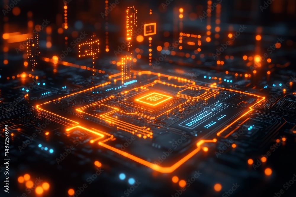 Glowing CPU on circuit board; digital data streams Glowing CPU on circuit board; digital data streams