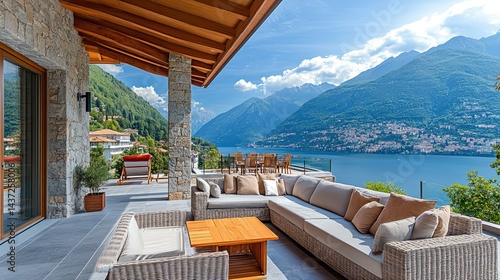 Beautiful interior of a modern villa with a view from the veranda