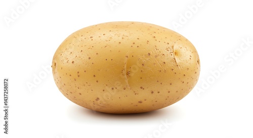 A single yukon gold potato with small spots on the skin isolated on a white background in studio light