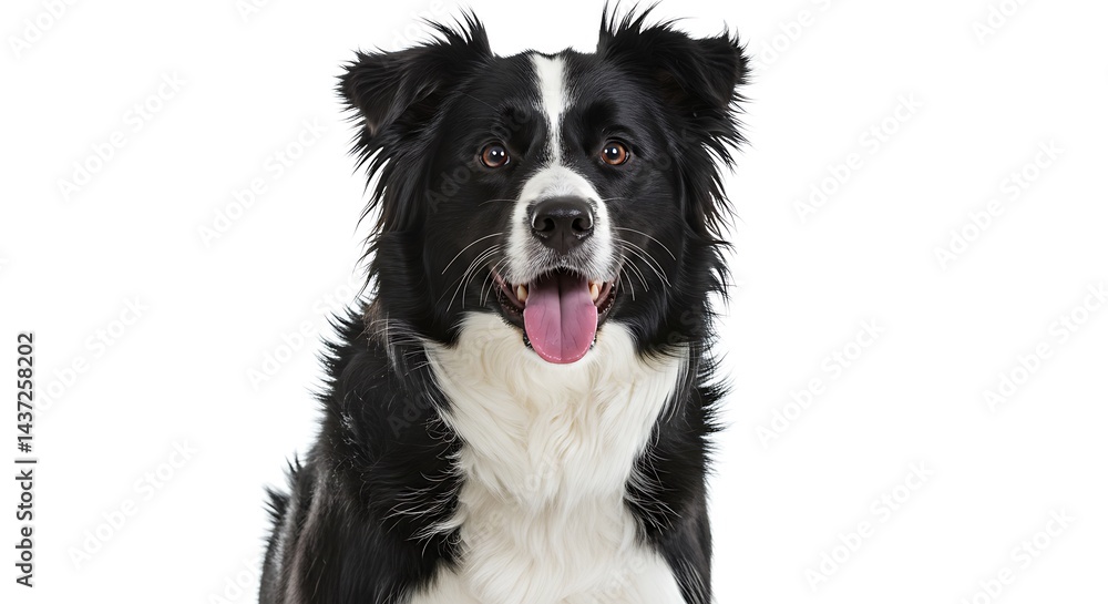 A border collie with black and white fur sitting and looking at the camera with its tongue out wide open A border collie with black and white fur sitting and looking at the camera with its tongue out wide open