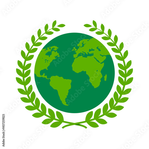 Green World Globe Surrounded by Laurel Wreath for Ecology and Peace