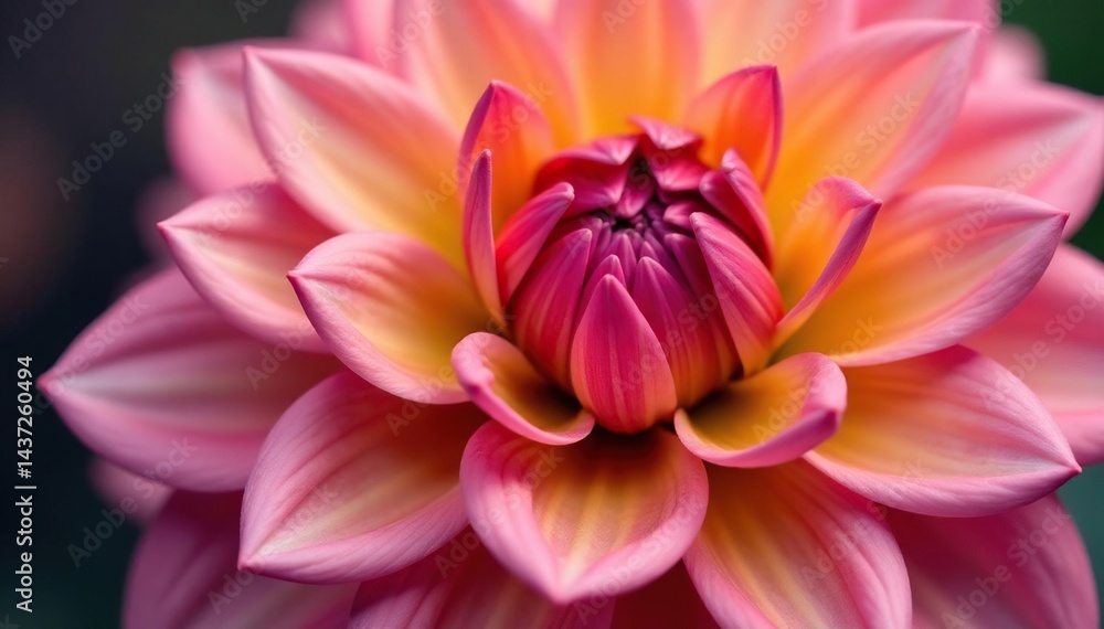 Close-up view of a dahlia flower, showcasing its layered petals creating a stunning pattern , image, radial Close-up view of a dahlia flower, showcasing its layered petals creating a stunning pattern , image, radial