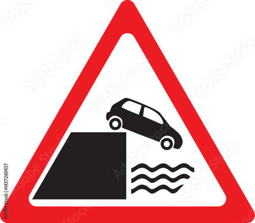 vehicle falling into water warning sign, quay side caution, red triangle traffic sign with car and waves