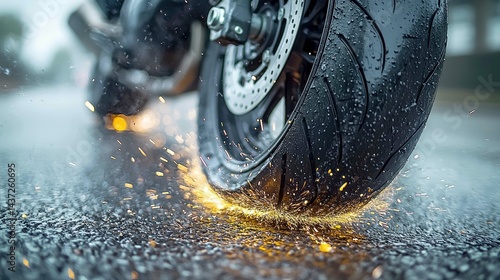 Motorcycle Tire Sparks on Wet Road at Night