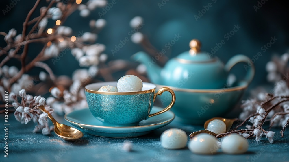 Fototapeta premium Elegant Tea Set with Gold Accents and Mochi on Decorative Table
